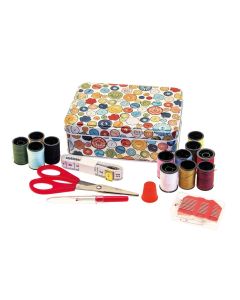 Scatola in latta porta lavoro con kit cucito - Fantasia bottoni bianca