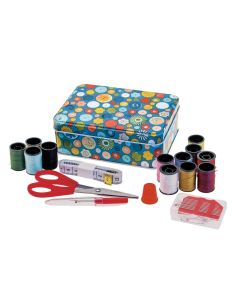Scatola in latta porta lavoro con kit cucito - Fantasia bottoni blu